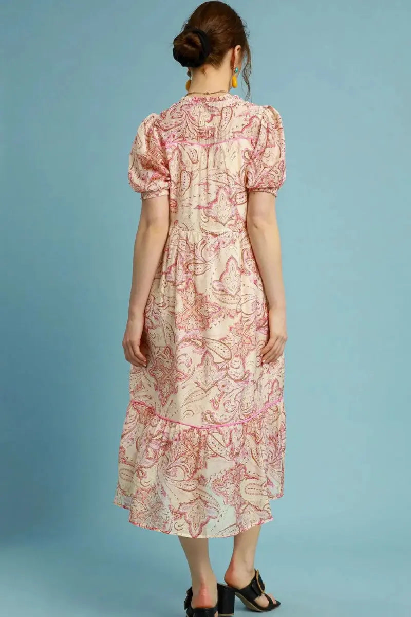 Umgee Full Size Printed Puff Short Sleeve Midi Dress Plus Size - Love Salve